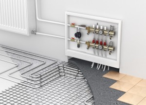 Underfloor heating with collector and radiator in the room. Concept of technology heating. The order of layers in the floor.