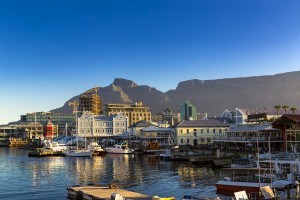 Republic of South Africa. Cape Town (Kaapstad). Waterfront - Victoria Basin with historical buildings. Devil's Peak and Table Mountain in the background
